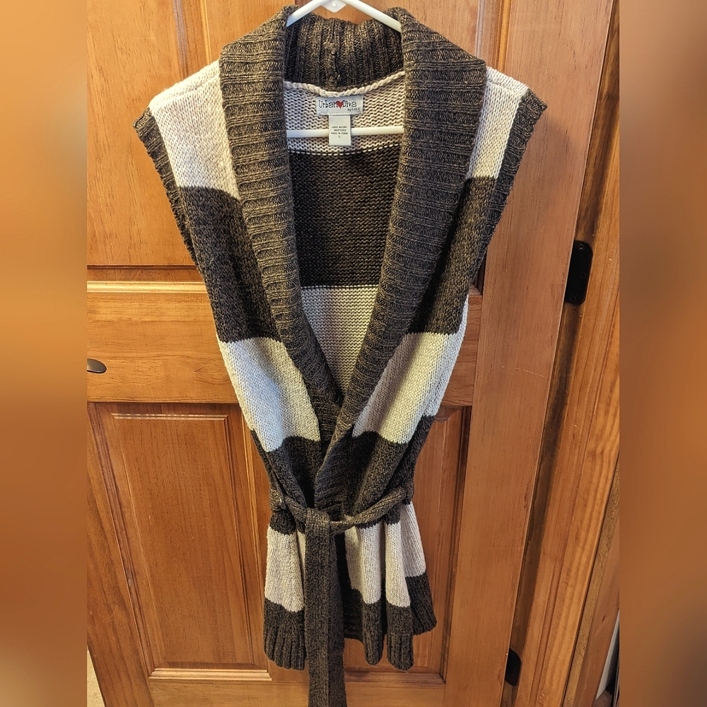 Long sweater covering, size large, brown and cream stripes